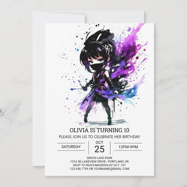 Bohemisch Ninja Printable Girl Birthday Einladung (Vorderseite)