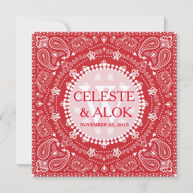 Bohemisch Red & White Paisley - Indische Hochzeit Einladung (Vorderseite)