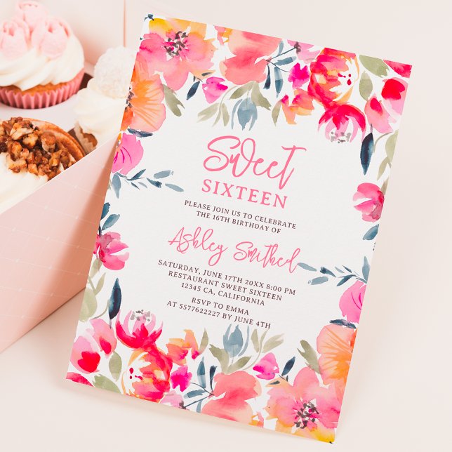 Bohemisch rosa Aquarellfarben Blume Sweet 16 Gebur Einladung (Bohemian pink watercolor flowers Sweet 16 birthday Invitation)
