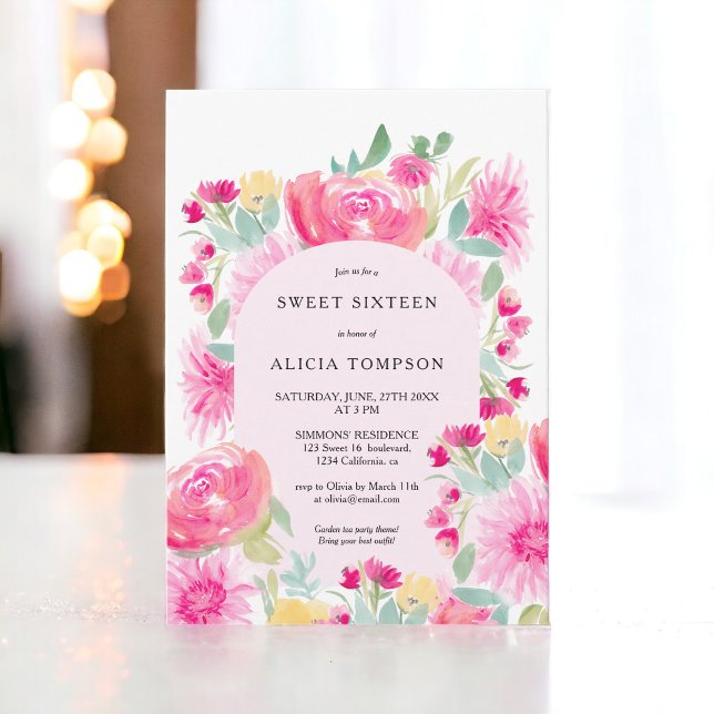 Bohemisch rosa Blumengarnschick Sweet 16 Einladung (Bohemian pink floral arch chic Sweet 16 Invitation)
