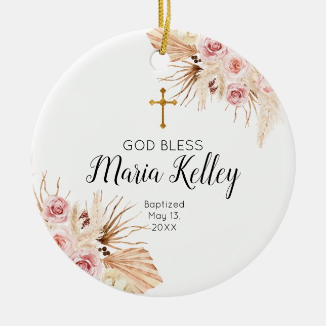 Bohemisch-rosa-florale Personalisierte Girl-Taufe Keramik Ornament (Vorne)