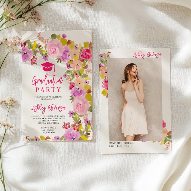 Bohemisch rosa Rosen Wildblumen Frühjahr Abschluss Ankündigung (Bohemian pink roses wildflowers spring graduation announcement)