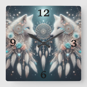 Bohemisch Style Wolf und Dreamcatchers Quadratische Wanduhr