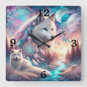 Bohemisch Style Wolf und Dreamcatchers Quadratische Wanduhr