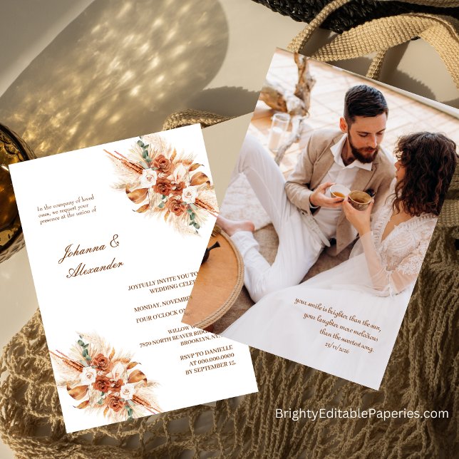 Bohemisch Terracotta Floral Elopation Pampas Gras Einladung (Step into Boho Bliss with Our Terracotta Floral Elopement Pampas Grass Invites.)