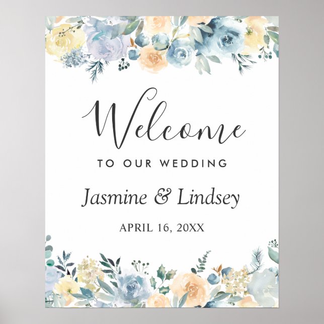 Bohemisch Vanilla Blue Floral Wedding Begrüßungsze Poster (Vorne)