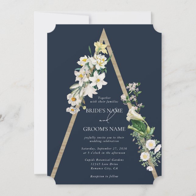 Bohemisch Wood Pyramid White Florals Blue Wedding Einladung (Vorderseite)