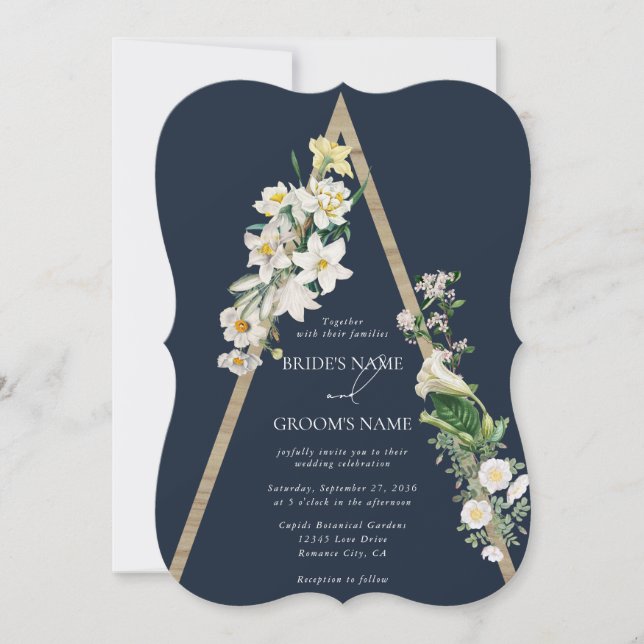 Bohemisch Wood Pyramid White Florals Blue Wedding Einladung (Vorderseite)
