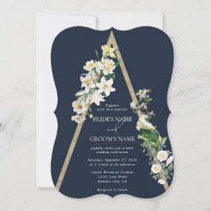 Bohemisch Wood Pyramid White Florals Blue Wedding Einladung