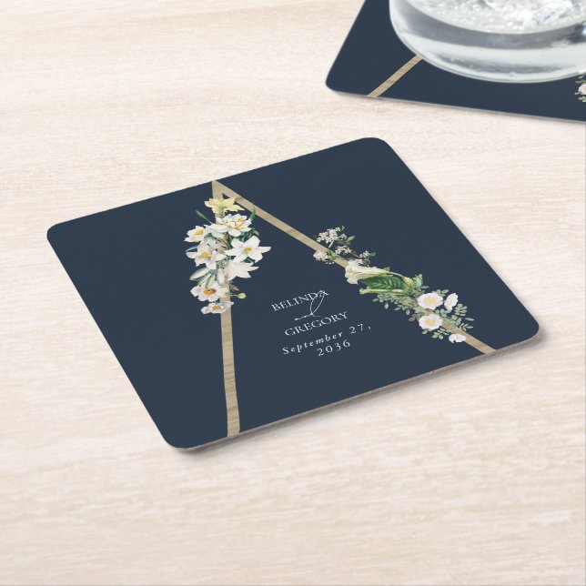 Bohemisch Wood Pyramid White Florals Blue Wedding Rechteckiger Pappuntersetzer (angewinkelt)