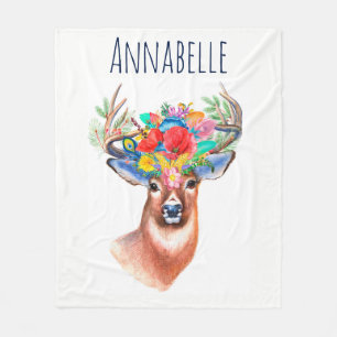 Bohemische Aquarellblume Hirsche und Name Fleecedecke