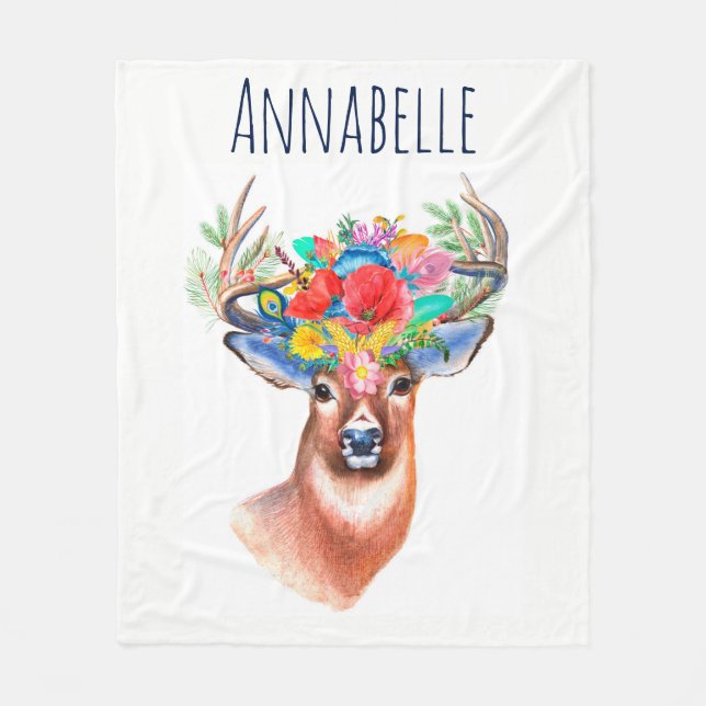 Bohemische Aquarellblume Hirsche und Name Fleecedecke (Vorderseite)