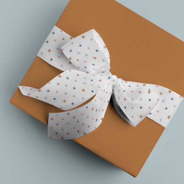 Bohemische Aquarellsonnen in Erdtönen Ripsband (Earth tones, blue, and pink watercolor dotted suns ribbon)