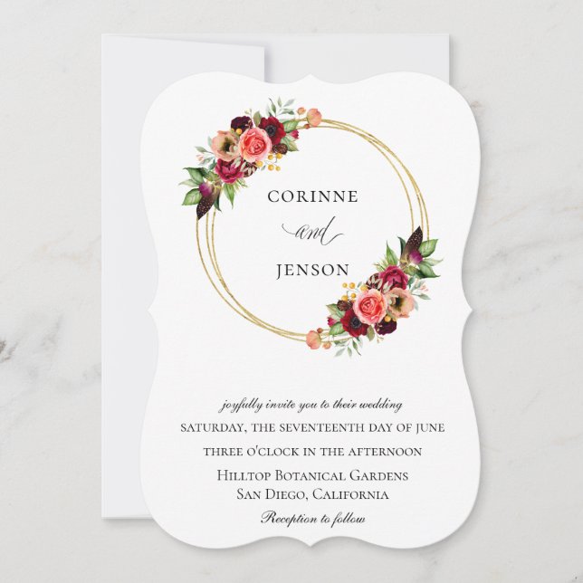 Bohemische Blooms Gold Hoops Hochzeit Einladung (Vorderseite)