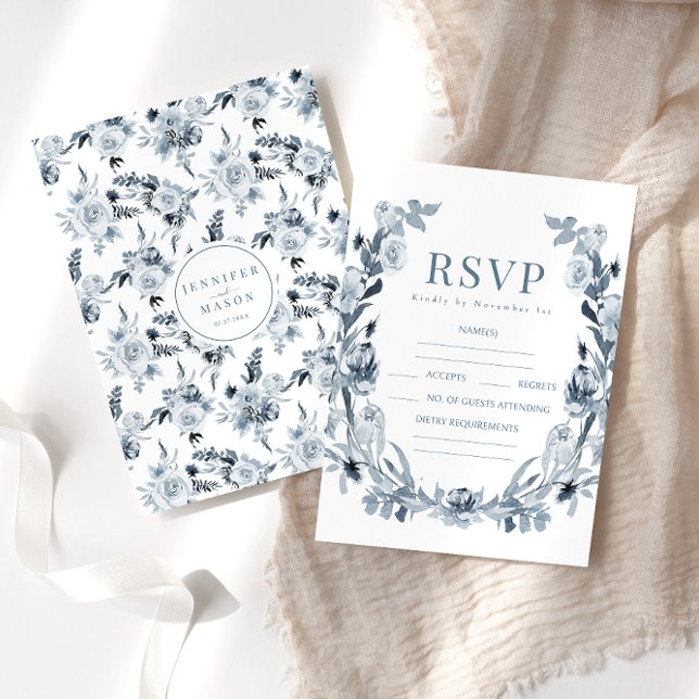 Bohemische Blue Grey Floral Wedding RSVP-Karten RSVP Karte (Von Creator hochgeladen)