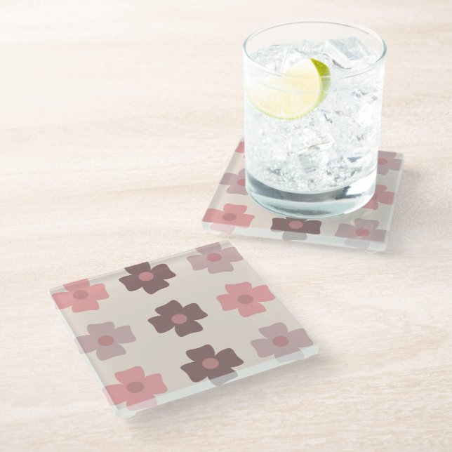 Bohemische Blume rosa braunes Muster Glasuntersetzer (Schrägansicht)