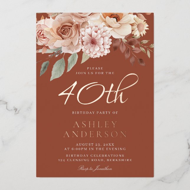 Bohemische Blume Rose Gold Foil 40. Geburtstag Folieneinladung (Vorderseite)