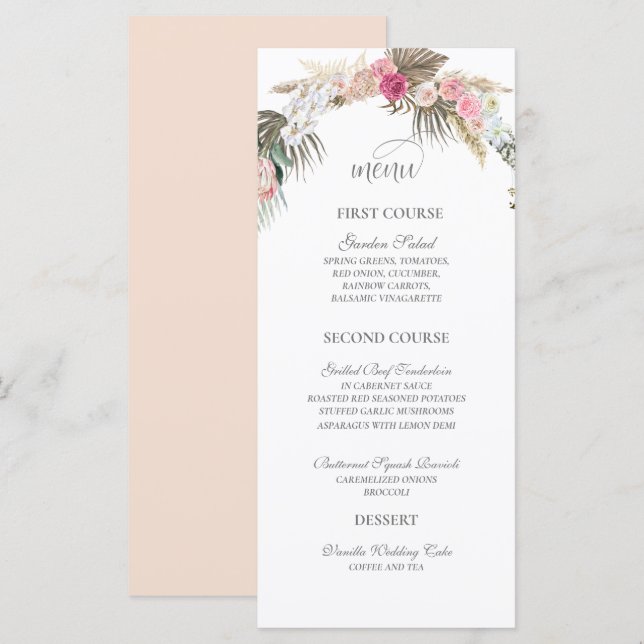 Bohemische Blumenhochzeit Watercolor Boho Hochzeit Menükarte (Vorne/Hinten)