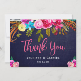 Bohemische Blumenrosa-Navy-Script-Hochzeit Vielen  Dankeskarte