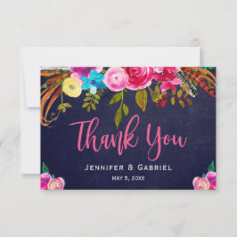 Bohemische Blumenrosa-Navy-Script-Hochzeit Vielen  Dankeskarte