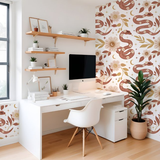 Bohemische Blumenschlange - Muster Sun & Moon Tapete (Bohemian Floral Holistic Snake Sun & Moon Pattern Wallpaper)
