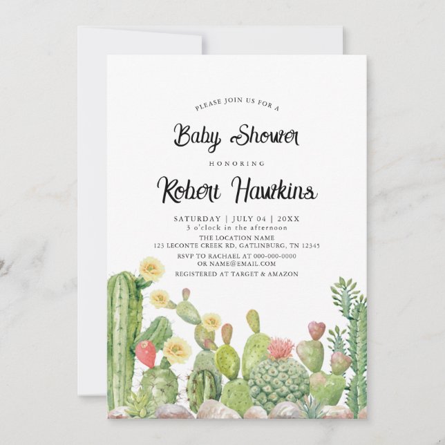 Bohemische Boho Cactus gender neutrale Baby Shower Einladung (Vorderseite)