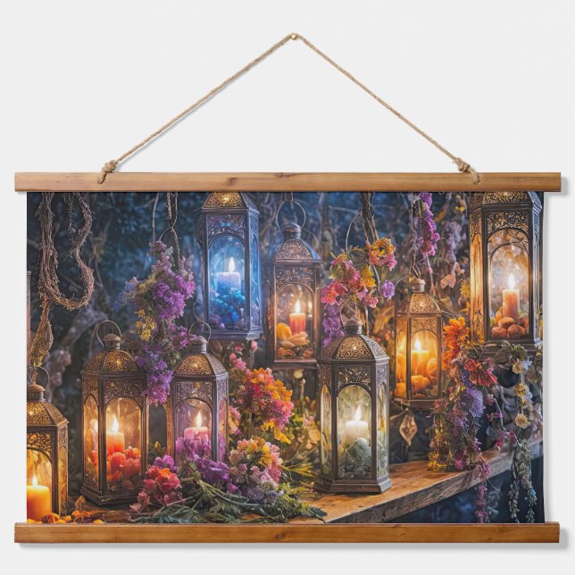 Bohemische boho trockene Blume Lanterns Mauer Kuns Wandteppich Mit Holzrahmen (Vorne)