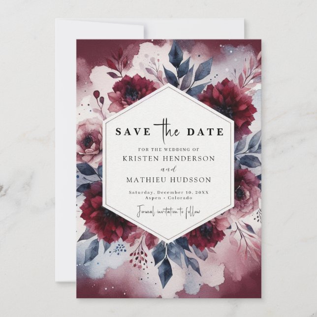 Bohemische Burgundy-Hochzeit Save The Date (Vorderseite)
