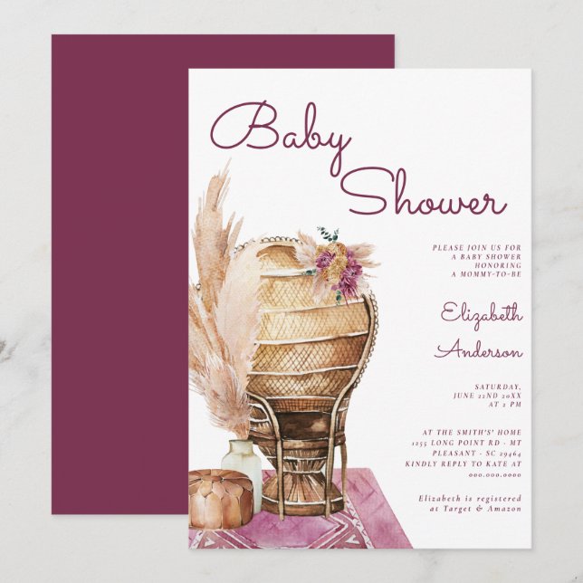 Bohemische Burgundy Pampas Boho Babydusche Einladung (Vorne/Hinten)