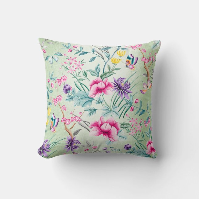 Bohemische Chinoiserie Tropische Minze Grüne Blume Kissen (Vorderseite)