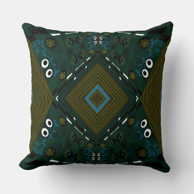 Bohemische Chintz-Illustration Aquamarine Olivenöl Kissen (Vorderseite)