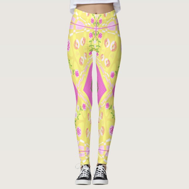 Bohemische Chintz-Illustration Gelb-Rosa-Grün Leggings (Vorderseite)