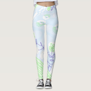Bohemische Chintz Illustration Pastel Blue Green 2 Leggings