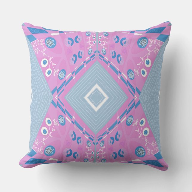 Bohemische Chintz-Illustration Rosa Blau Kissen (Vorderseite)