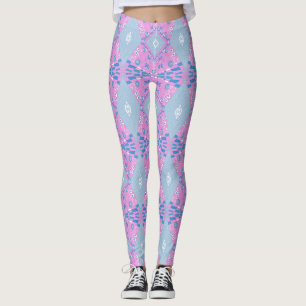 Bohemische Chintz-Illustration Rosa Blau Weiß 4 Leggings