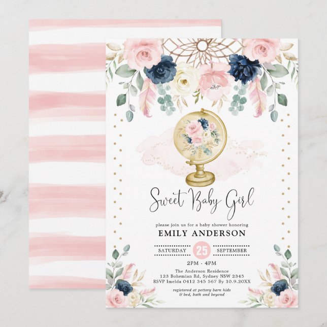Bohemische Dreamcatcher Navy Blush Gold Baby Dusch Einladung (Vorne/Hinten)
