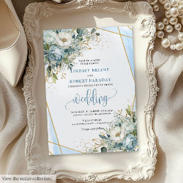 Bohemische Dusty Blue Gold Peonies Hochzeit Einlad Einladung