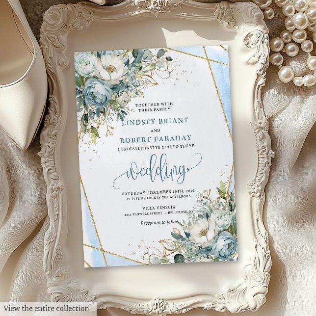 Bohemische Dusty Blue Gold Peonies Hochzeit Einlad Einladung (Bohemian Dusty Blue Gold Peonies Wedding Invite)