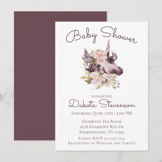 Bohemische Einhorn-Kinderdusche | Wein Boho Floral Einladung (Vorne/Hinten)
