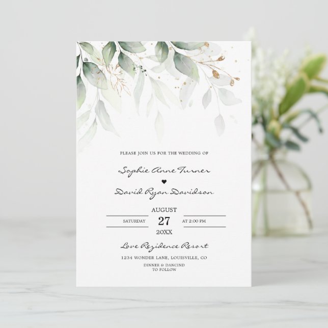 Bohemische Eukalyptus Greenery-Hochzeit Einladung (Stehend Vorderseite)