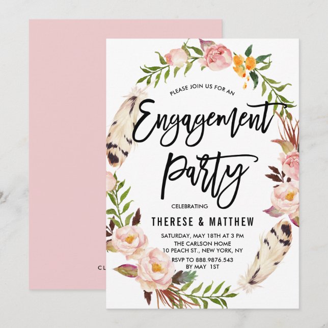 Bohemische Feathers & Floral Wreath Engagement Par Einladung (Vorne/Hinten)