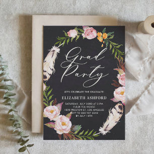 Bohemische Feathers & Floral Wreath Graduation Par Einladung