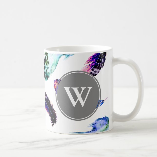 Bohemische Federn Grau Monogramm Kaffeetasse (Rechts)