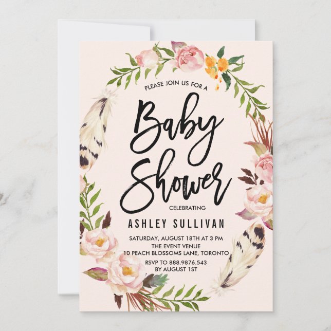 Bohemische Federn und Blumenkleider-Baby-Dusche Einladung (Vorderseite)