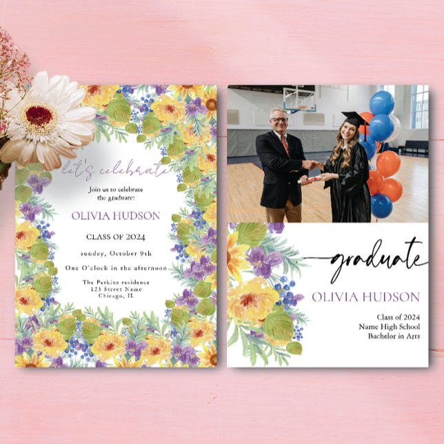 Bohemische, fette Wildblumen Fotos Chic Abschluss Einladung (Von Creator hochgeladen)