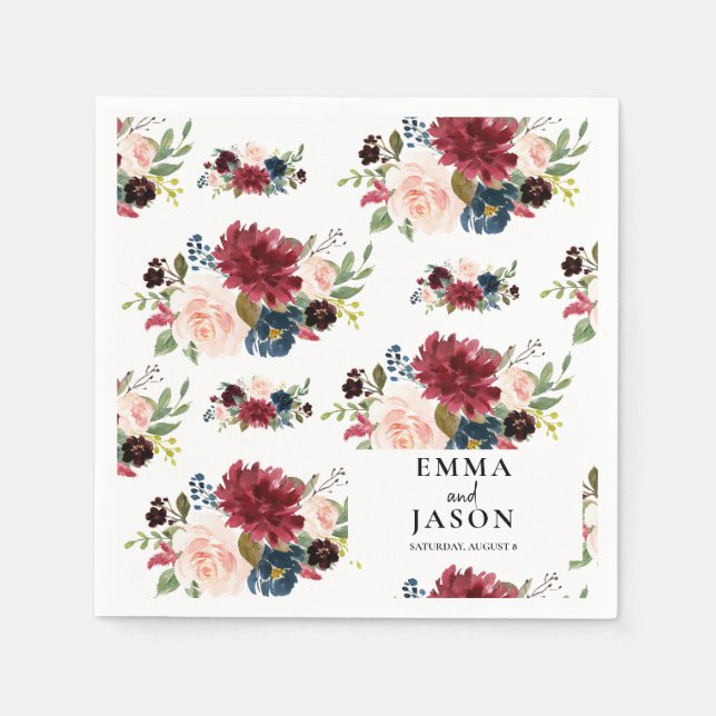 Bohemische florale Burgundy Blush Wedding Napkins Serviette (Vorderseite)