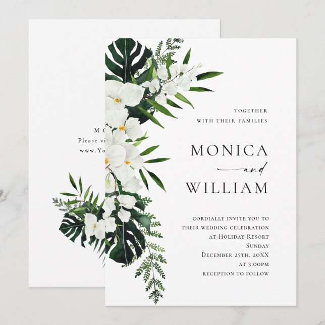Bohemische Grüne Hochzeit mit eleganten Orchideen Einladung (Vorne/Hinten)