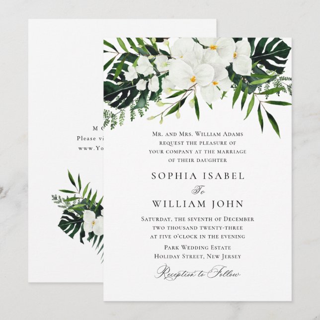 Bohemische Grüne Hochzeit mit eleganten Orchideen Einladung (Vorne/Hinten)