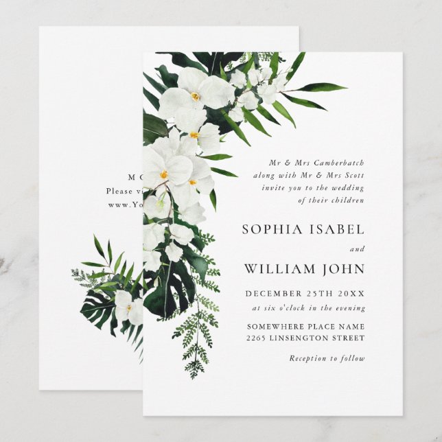 Bohemische Grüne Hochzeit mit eleganten Orchideen Einladung (Vorne/Hinten)