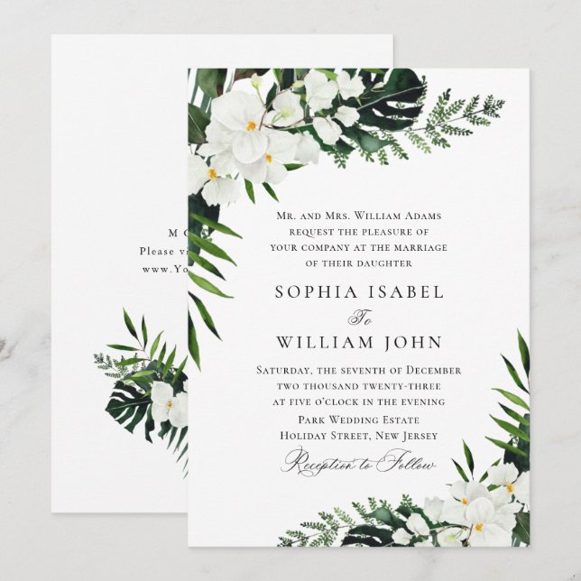 Bohemische Grüne Hochzeit mit eleganten Orchideen Einladung (Vorne/Hinten)
